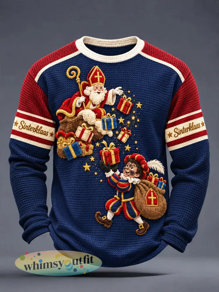 Donkerblauw casual T-shirt met lange mouwen en Sinterklaasprint voor heren - Diep Blauw / S