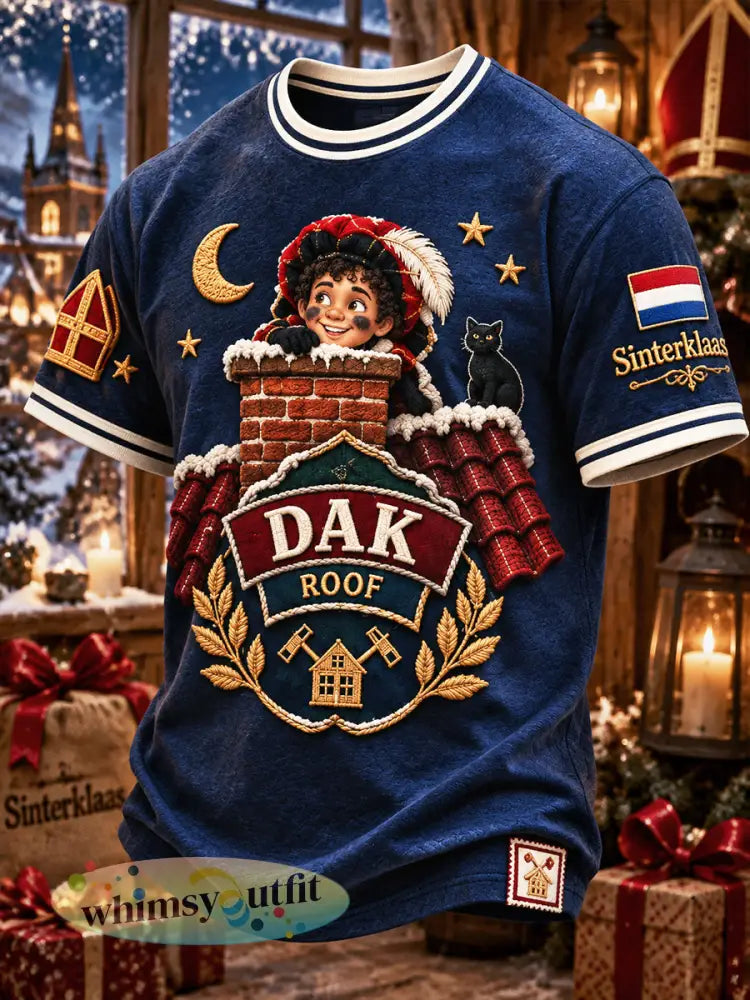 Donkerblauw casual T-shirt voor heren met Sinterklaasprint - Diep Blauw / S