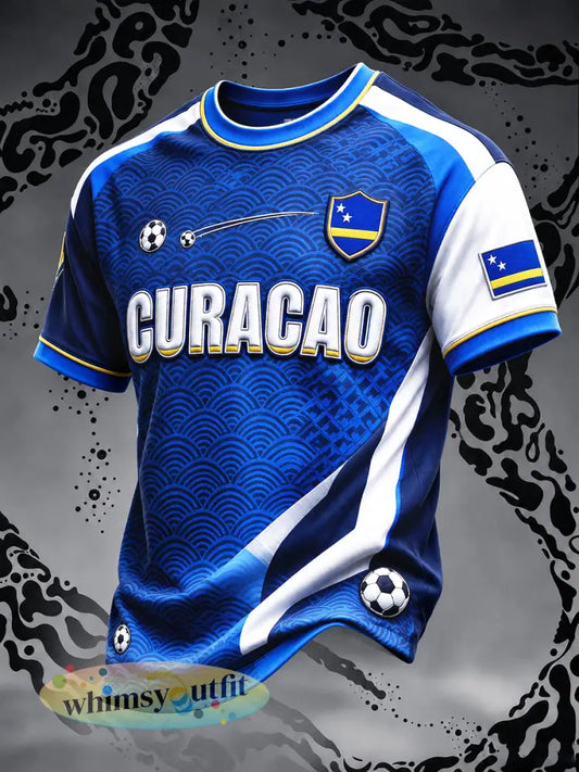 Donkerblauw casual T-shirt voor heren met voetbalprint van Curaçao - Diep Blauw / S