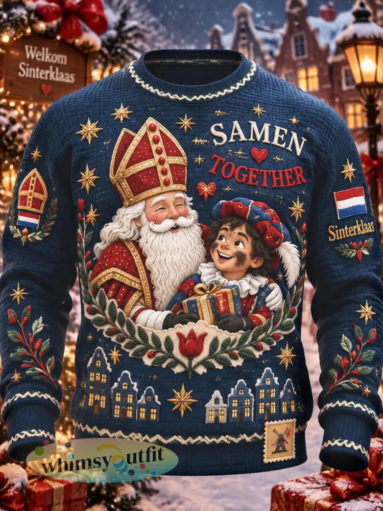 Donkerblauw heren-T-shirt met lange mouwen en print van Zwarte Piet voor Sinterklaas - Diep Blauw / S