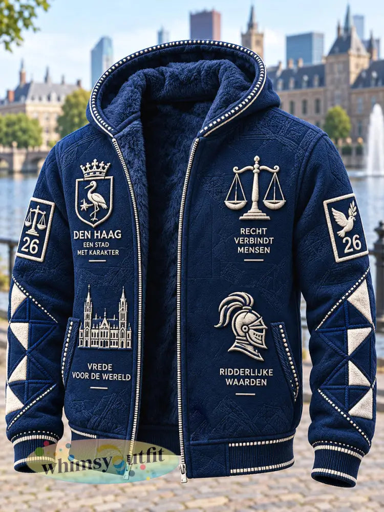 Donkerblauw herenjack met Hollandse Haagse print casual en gevoerd met fleece voorzien van capuchon - Diep Blauw / S