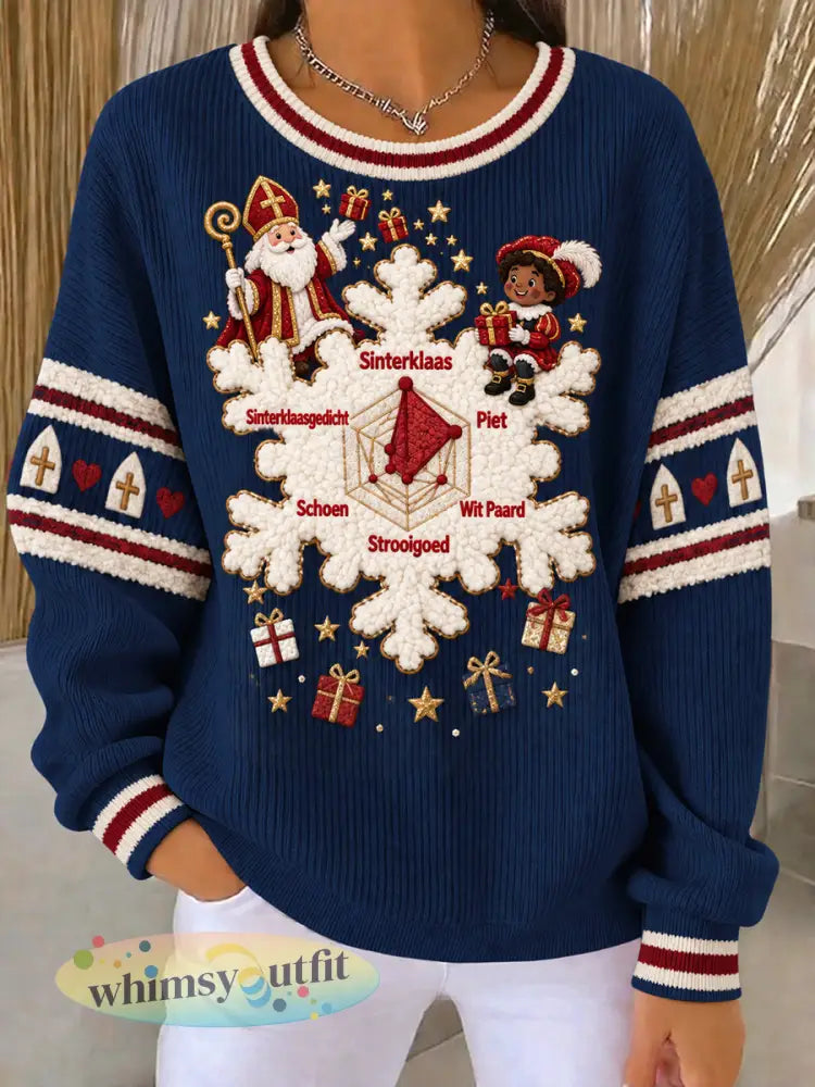 Donkerblauw Nederlandse sinterklaasdag print casual sweatshirt voor dames - Diep Blauw / S