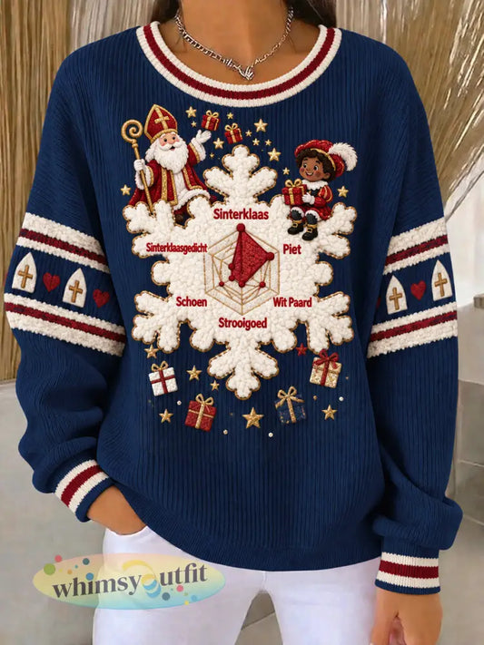 Donkerblauw Nederlandse sinterklaasdag print casual sweatshirt voor dames - Diep Blauw / S