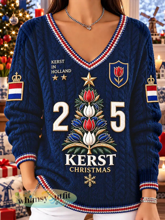 Donkerblauwe Nederlandse kerstprint vrijetijdstrui met V-hals voor dames - Diep Blauw / S