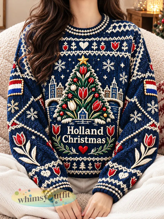 Donkerblauwe vrijetijdstrui voor dames met kerstprint in Nederlandse stijl - Diep Blauw / S