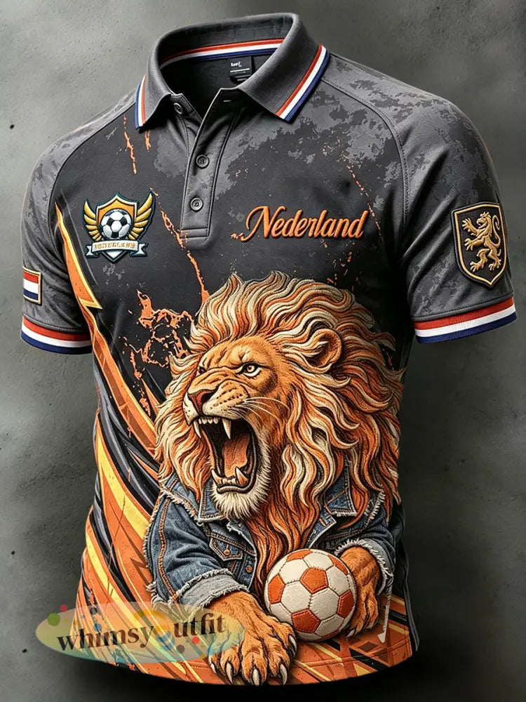 Donkergrijs casual poloshirt voor heren met leeuwenprint in Nederlandse stijl - Donkergrijs / S