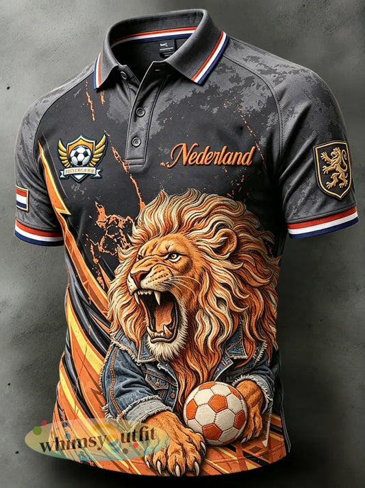 Donkergrijs casual poloshirt voor heren met leeuwenprint in Nederlandse stijl - Donkergrijs / S