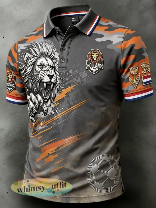 Donkergrijs vintage voetbalpolo voor heren met Nederlandse leeuw camouflage en patchworkprint vrijetijdsshirt