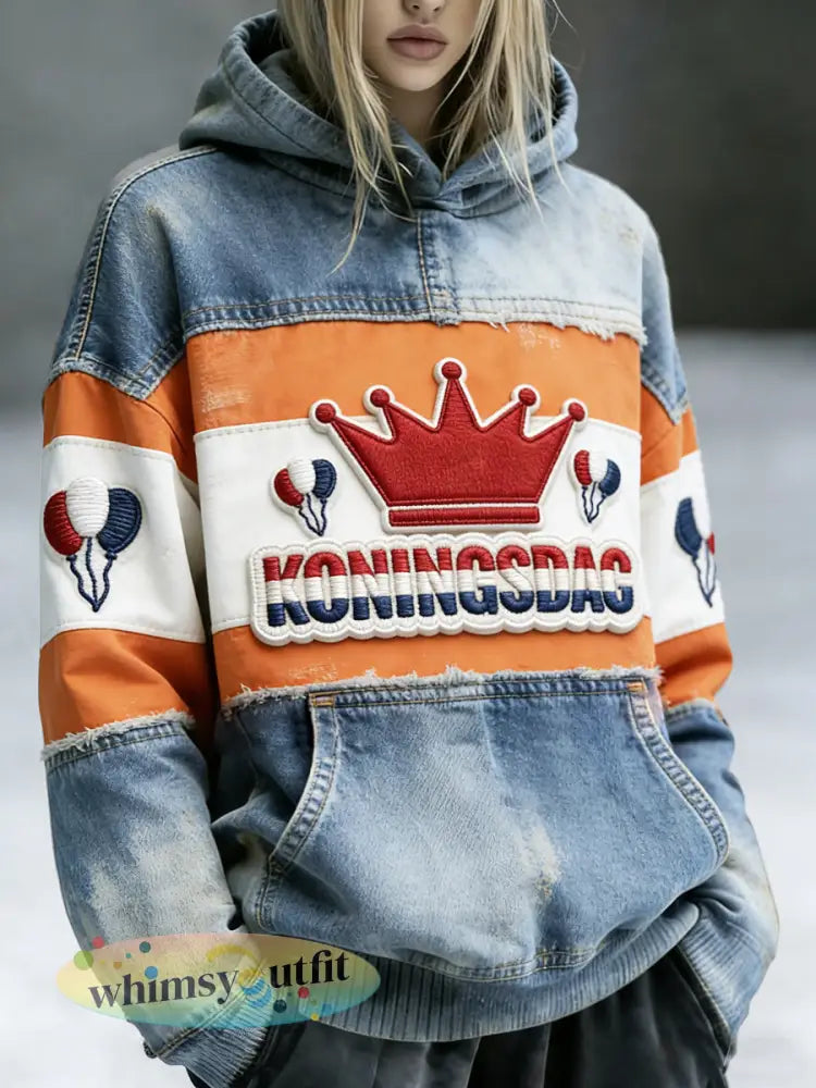 Dutch Koningsdag denim patchwork print vintage sweatshirt met capuchon - Veelkleurig / S