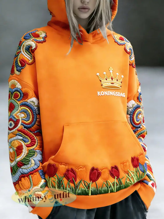Dutch Koningsdag geborduurd bloemenprint sweatshirt met capuchon - Sinaasappel / S