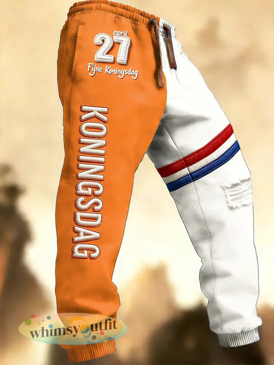 Dutch Koningsdag patchwork hole-Effect geprinte casual broek in sportstijl voor heren - Oranje wit / S