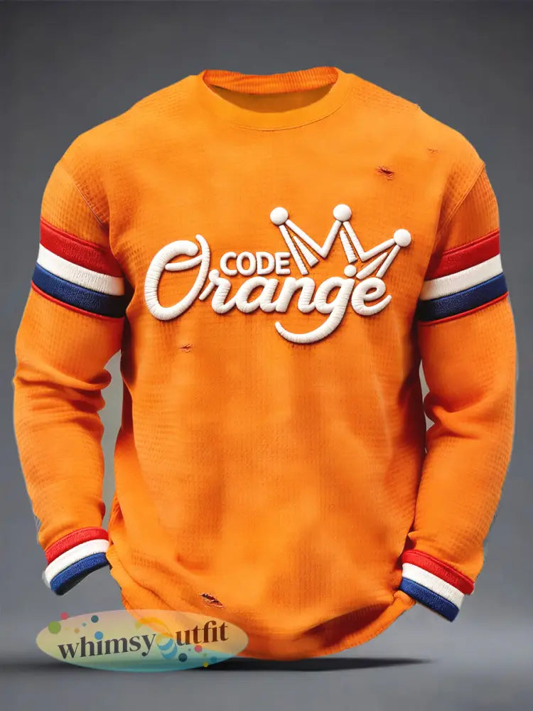 Dutch Koningsdag Tekst-Gedrukt Casual Waffle Weave T-shirt met lange mouwen - Sinaasappel / S