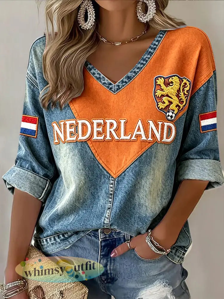 Dutch-style denim patchwork print T-shirt met V-hals - Sinaasappel / S