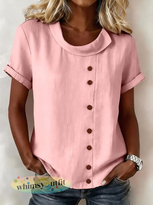 Eenvoudig effen linnen blend-shirt voor dames - Roze / S