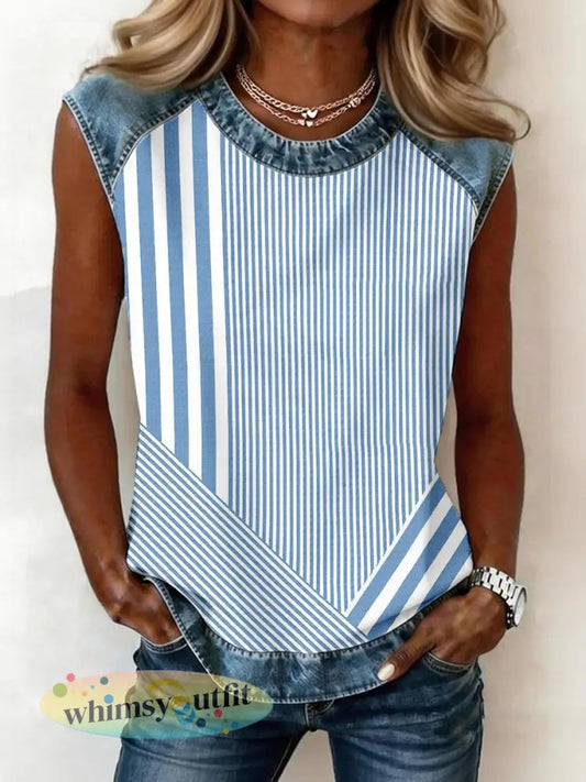 Eenvoudig gestreept patroon denim patchwork mouwloze top voor dames - Blauw / S