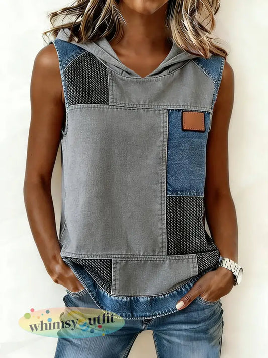 Eenvoudige denim patchwork top met capuchon voor dames - Grijs / S