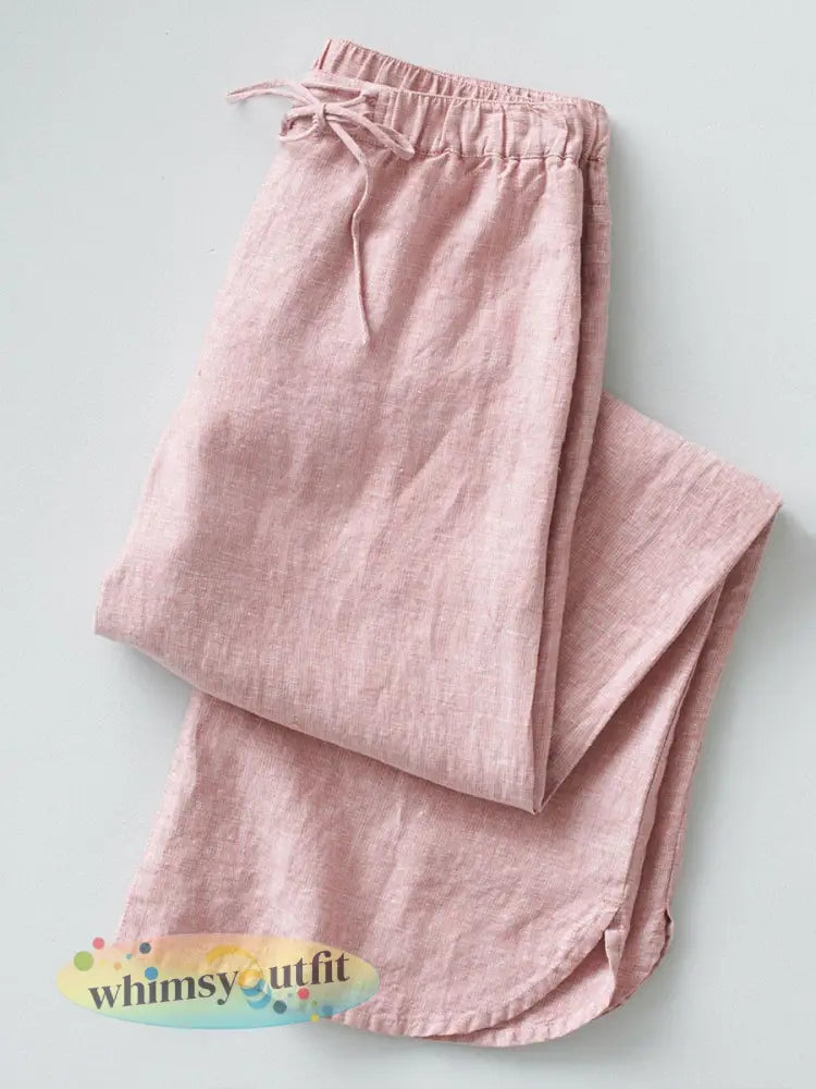Eenvoudige effen linnenbroek voor dames - Roze / S