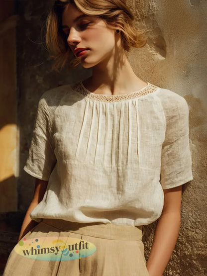 Elegant Lace Patchwork Linnen Blend Shirt voor dames