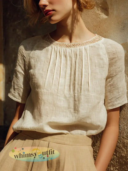 Elegant Lace Patchwork Linnen Blend Shirt voor dames - als foto / S