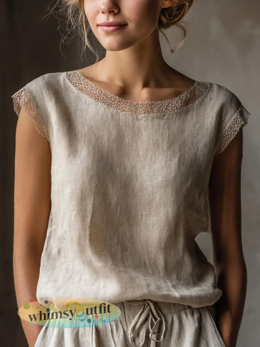 Elegant Lace Patchwork Linnen Overhemd voor dames - Abrikoos / S