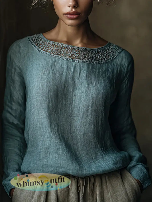 Elegant Lace Patchwork Linnen Overhemd voor dames - Blauw / S