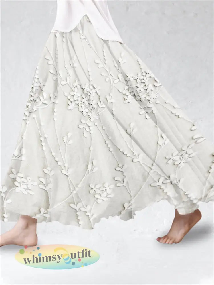 Elegante bloemen geborduurde linnen rok voor dames - Romig-Wit / S