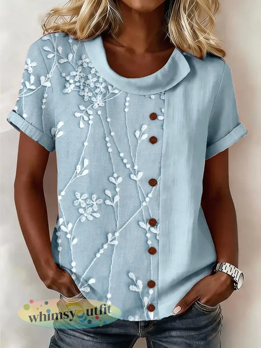 Elegante dameshemd van linnenmix met bloemenpatroon - Blauw / S