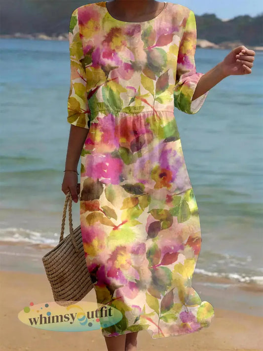 Elegante jurk met linnen blend voor dames met bloemenpatroon - als foto / S