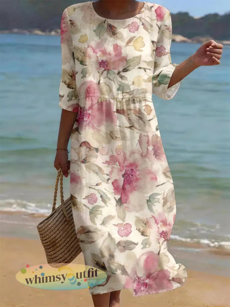 Elegante jurk met linnen blend voor dames met bloemenpatroon - als foto / S
