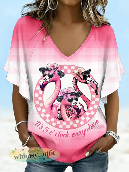 Flamingo dag roze checked gradiëntprint casual V-hals T-shirt - Roze / S