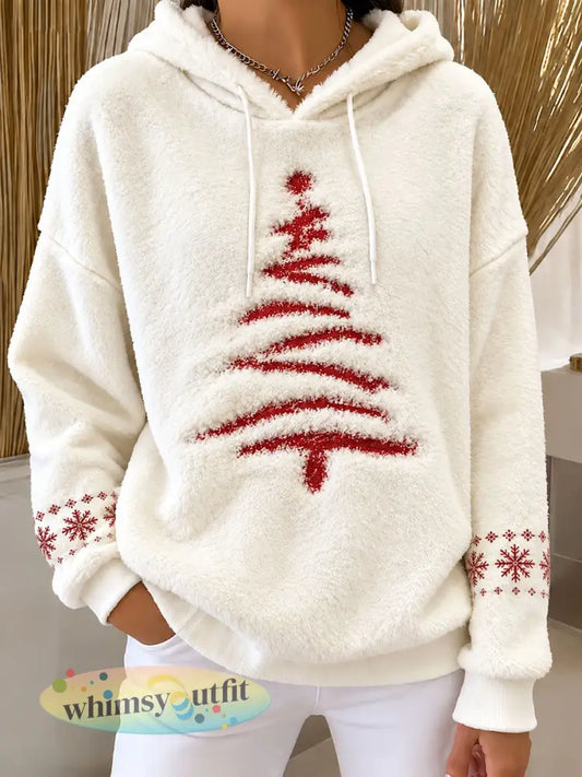 Flanellen hoodie met kerstboomprint voor dames - Romig-Wit / S