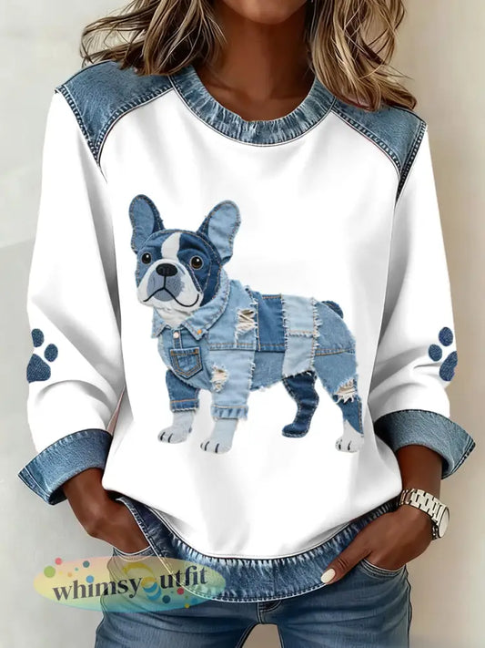 French Bulldog Patroon Denim Patchwork Art Sweatshirt voor dames - Wit / S
