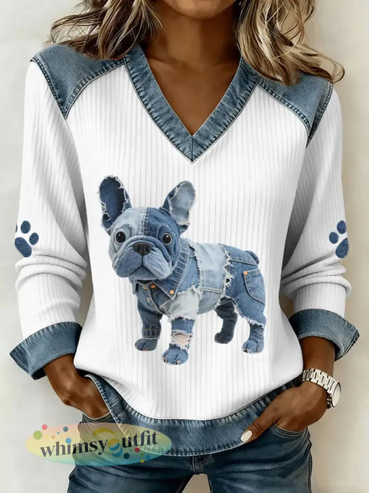 French Bulldog Patroon Denim Patchwork Art V-hals Top - Wit / S