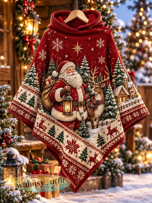 Gebreide capes met capuchon en kerstprint voor dames - A / ÉÉN