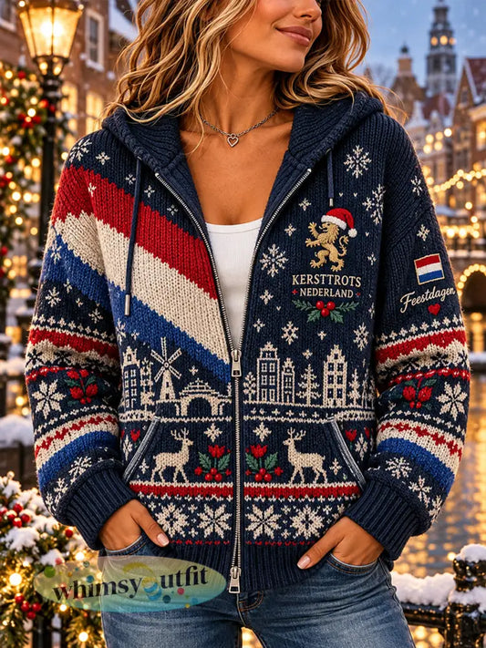 Gebreide hoodie voor dames met kerstprint - A / S