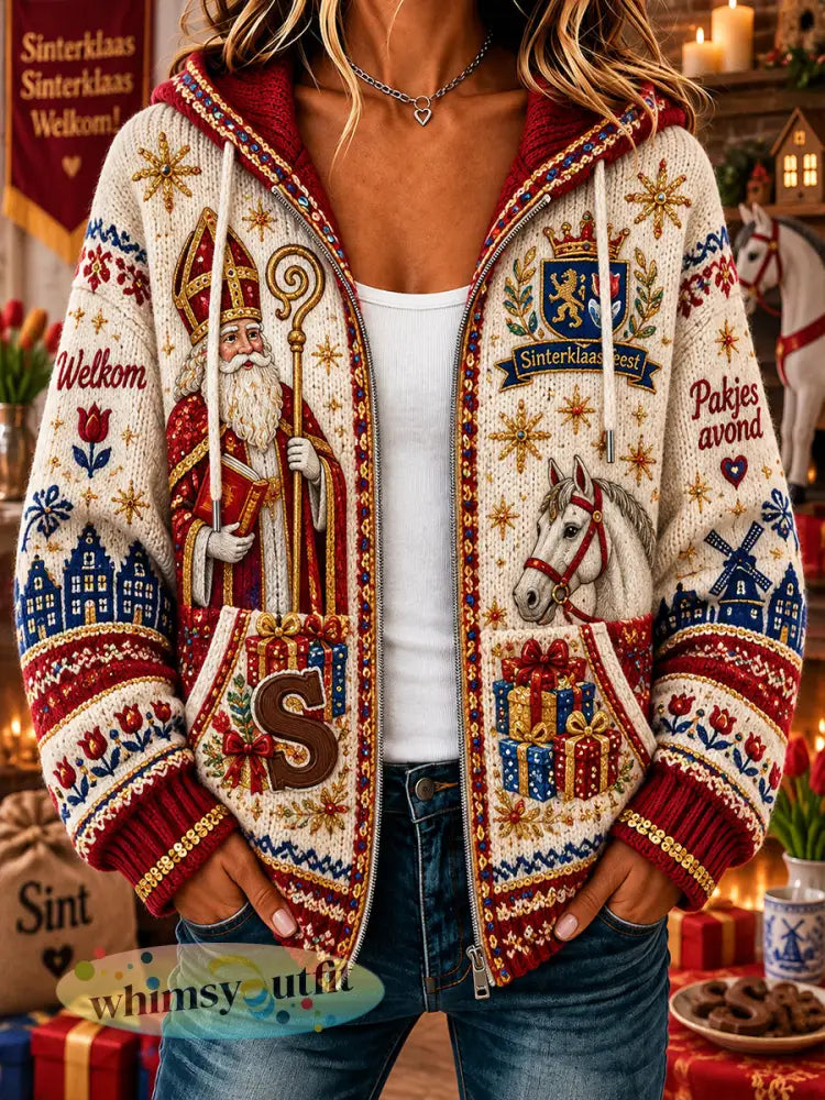 Gebreide hoodie voor dames met Sint-Nicolaasthema en print - A / S
