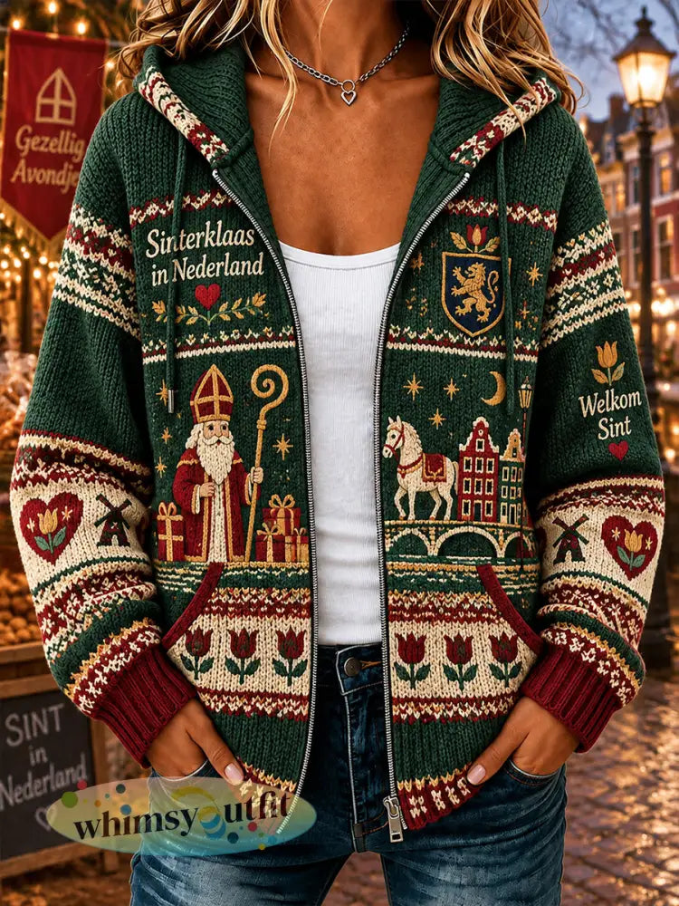 Gebreide hoodie voor dames met Sint-Nicolaasthema en print - A / S