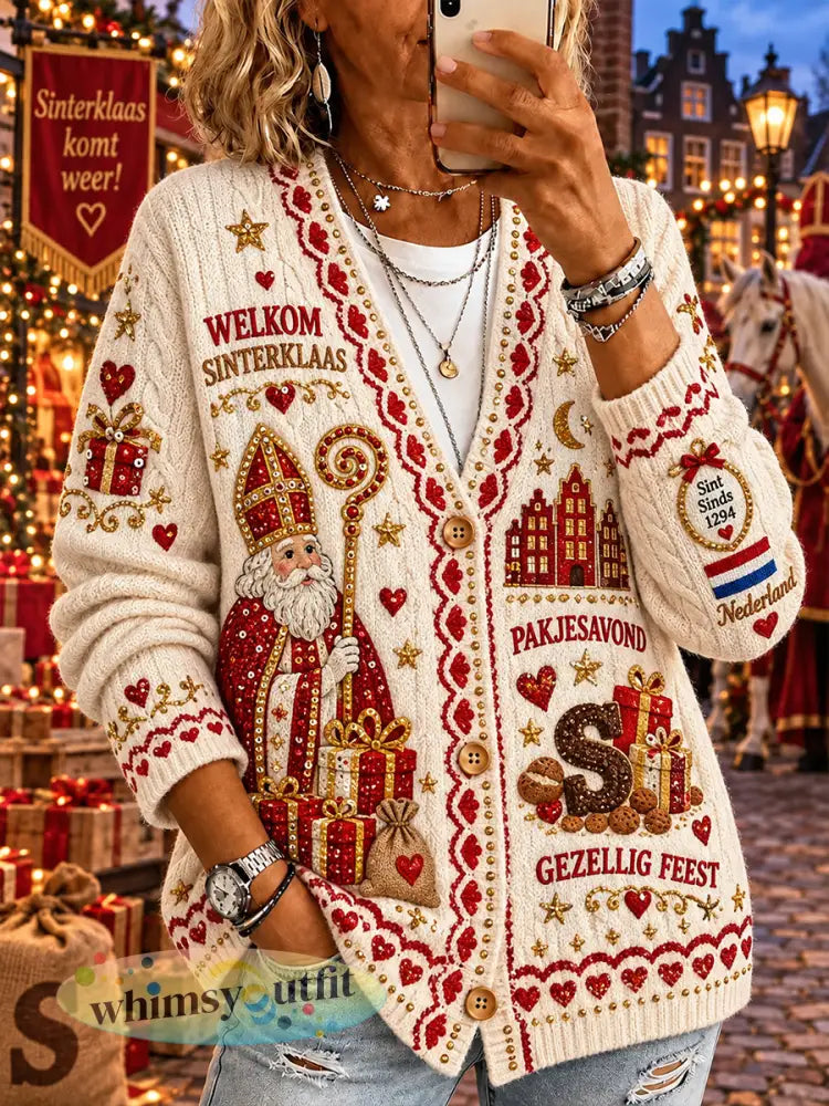 Gebreide vest voor dames met Sint-Nicolaasthema en print - A / S