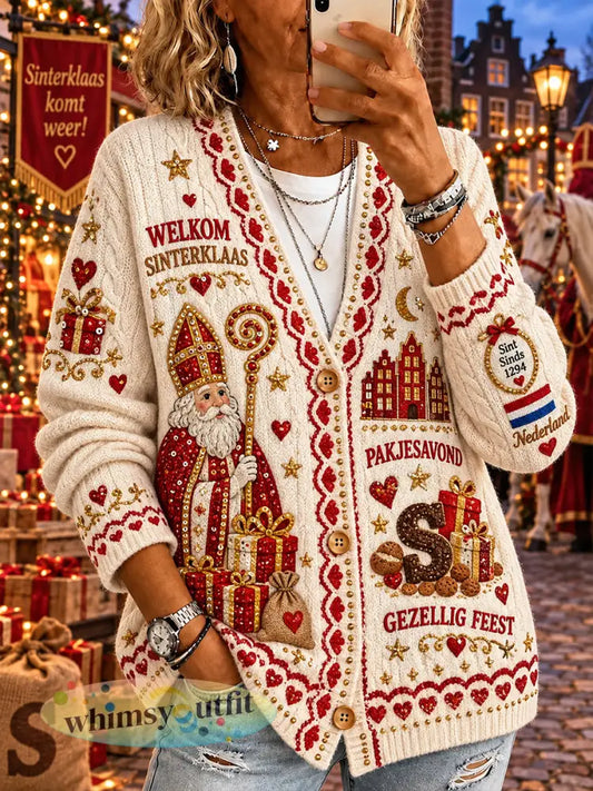 Gebreide vest voor dames met Sint-Nicolaasthema en print - A / S