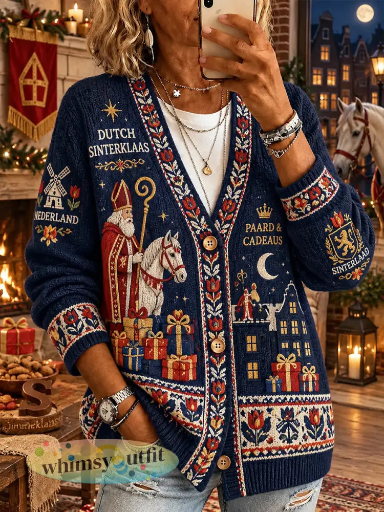 Gebreide vest voor dames met Sint-Nicolaasthema en print - A / S