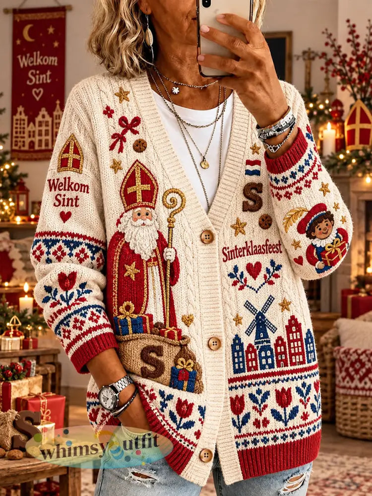 Gebreide vest voor dames met Sint-Nicolaasthema en print - A / S