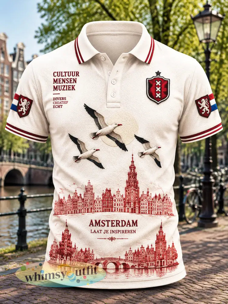 Gebroken wit vrijetijdspoloshirt met Amsterdamse print voor heren - Romig-Wit / S