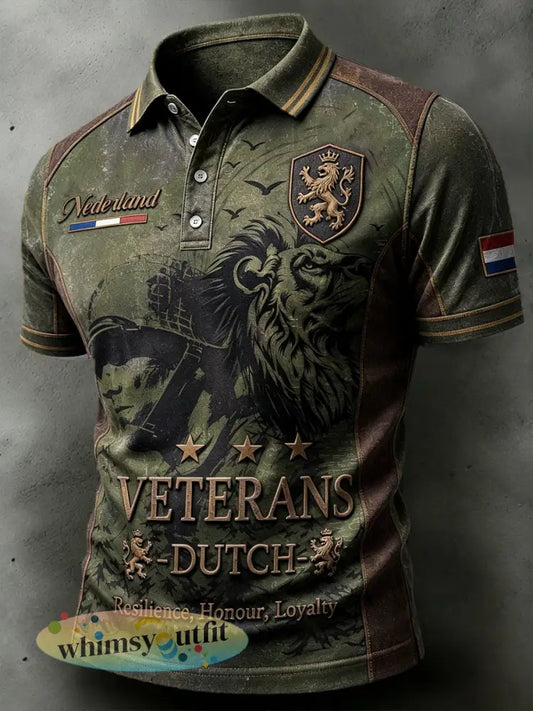 Gedrukt patchwork casual poloshirt met Nederlands veteranenthema voor heren - Groene Leger / S