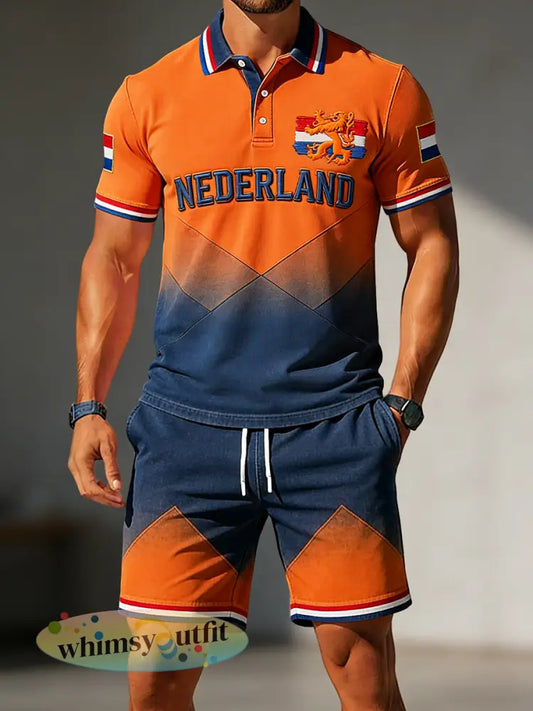 Geometrische casual polo-shorts voor heren retro koningsdag gradiënt - Veelkleurig / S