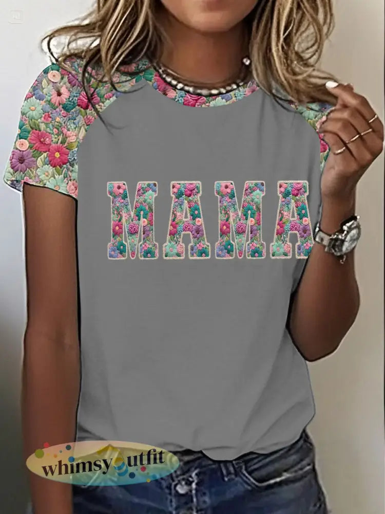 Gepersonaliseerde Mama Bedrukte T-shirt met ronde hals en korte mouwen voor dames - Grijs / S