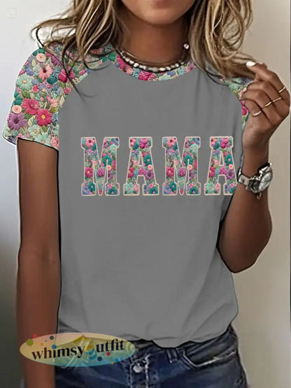 Gepersonaliseerde Mama Bedrukte T-shirt met ronde hals en korte mouwen voor dames - Grijs / S