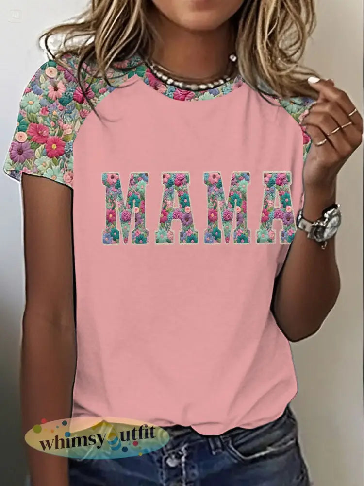 Gepersonaliseerde Mama Bedrukte T-shirt met ronde hals en korte mouwen voor dames - Roze / S