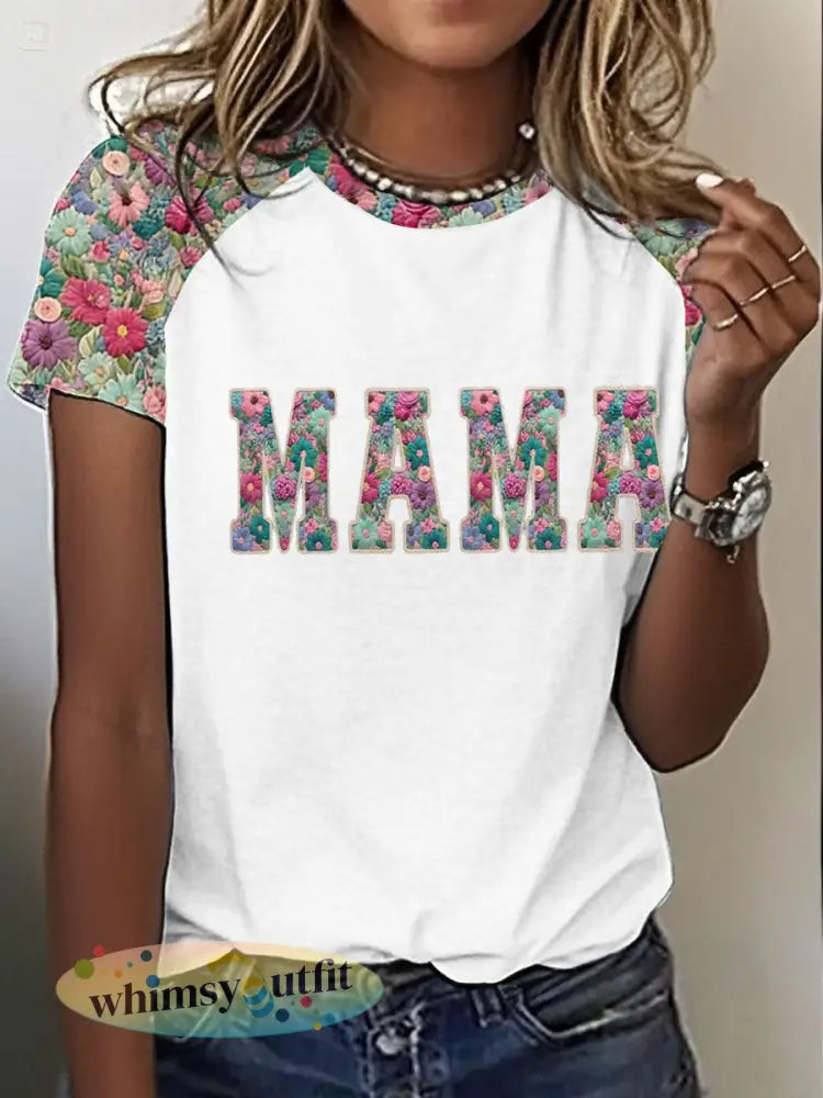 Gepersonaliseerde Mama Bedrukte T-shirt met ronde hals en korte mouwen voor dames - Wit / S