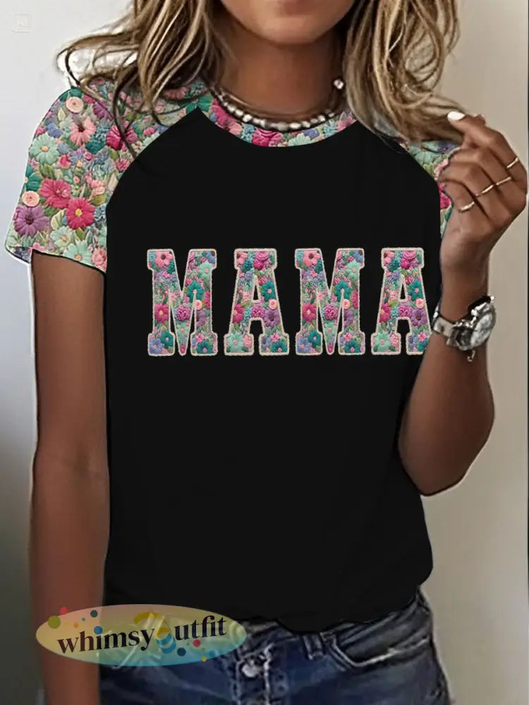 Gepersonaliseerde Mama Bedrukte T-shirt met ronde hals en korte mouwen voor dames - Zwart / S