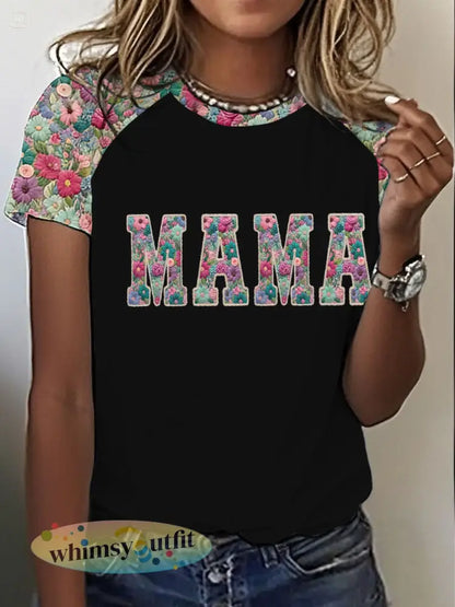 Gepersonaliseerde Mama Bedrukte T-shirt met ronde hals en korte mouwen voor dames - Zwart / S